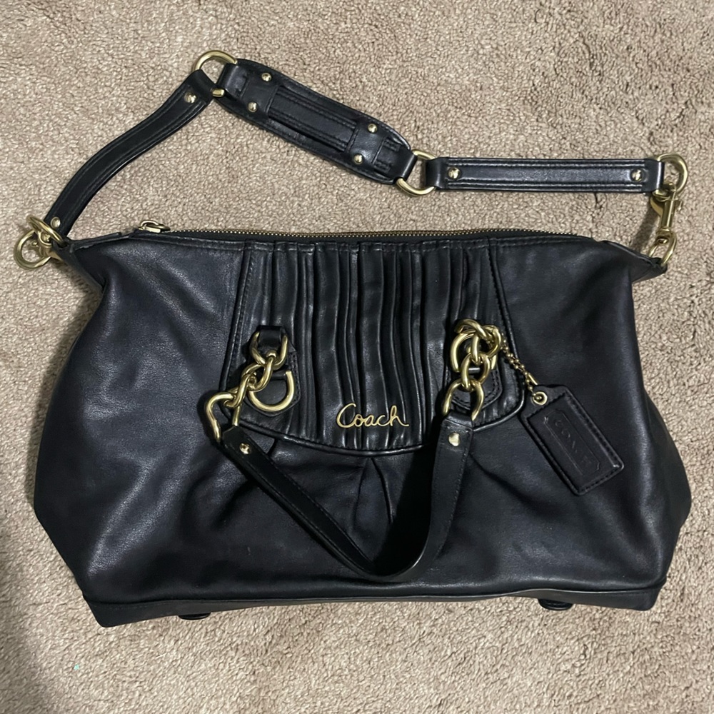 Coach Ashley Ruched Black Leather Medium Shoulder Bag Purse Vintage Gold Accents